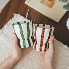 1pc Striped Wavy Vintage Ceramic Storage Holder, Makeup Brush & Cosmetic Tool Organizer Cup, Pastoral Style Desktop Multi-Functional Storage Canister - Multicolor - View 7
