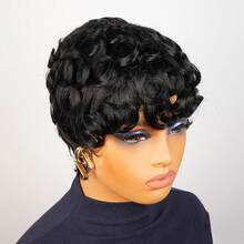 Short Loose Curly Wig Human Hair 6inch 180% Density Wigs For Women Short Pixie Cut Wig Full Machine Made Brazilian Remy Hair Wig For Daily Use 1B Color - Natural Black - View 7