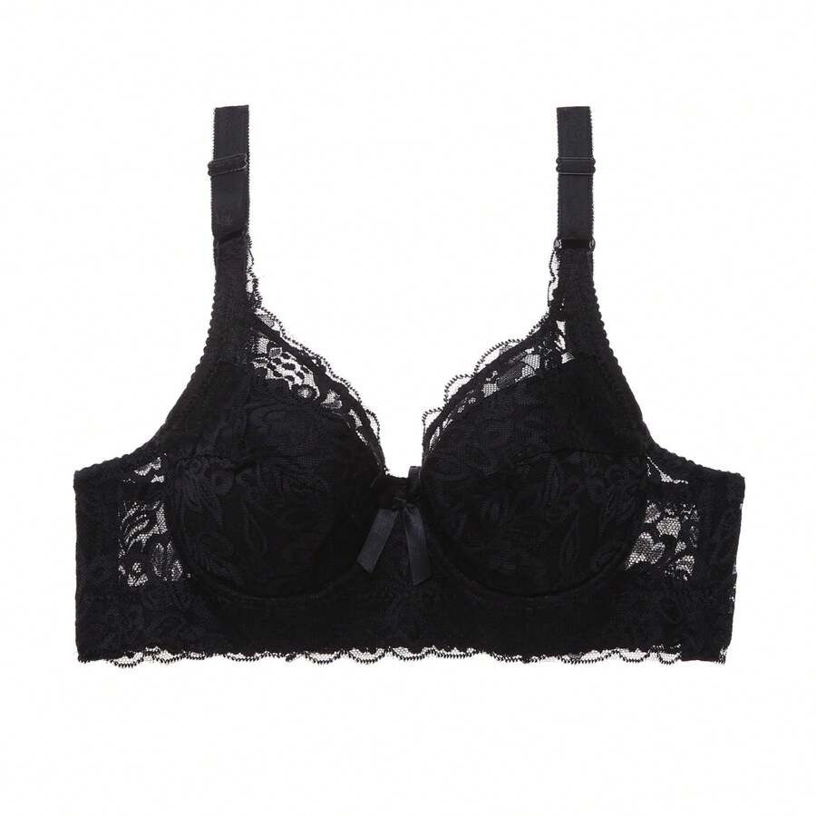 Sujetador talla grande algodón fino encaje aros push-up regulable soporte lateral mujer - Negro - Ver 1