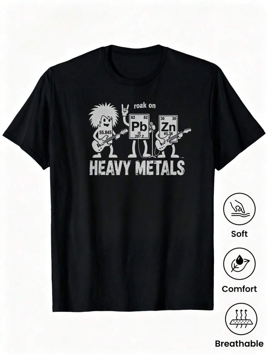 1pc Camisetas para mujer,Camisetas Para Hombre,cuello redondo,estilo urbano juvenil,Heavy Metals con elementos químicos y rock,para amantes de la música y ciencia - Negro - Ver 1