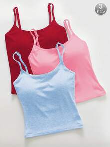 3-Piece Women's Plain Ribbed T-Shirt With Padded Bra, Casual Fitted Crop Top For Exercise - 米色 - 查看 1
