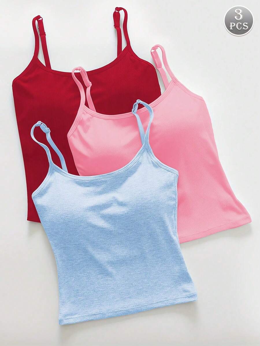 3-Piece Women's Plain Ribbed T-Shirt With Padded Bra, Casual Fitted Crop Top For Exercise - 米色 - 查看 1