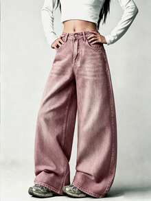 1pc American Street Style Women's Embroidered Loose Wide Leg Jeans Fashion All-Season Long Pants Casual Fall - Red - View 5