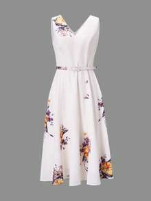 Vuslat Women's Summer White Base Yellow-Purple Gradient Floral Sleeveless V-Neck Belted Waist Flared Midi Dress, Cream White Base Scattered Watercolor Yellow-Purple Large Rose Floral Print Pattern, Smooth Drape Texture, Suitable For Independence Day, Lakeside Boat Trip, Island Vacation, Garden Afternoon Tea, Small Town Street Photography, Light Party Date Outfit, Holiday Wear - Multicolor - View 6