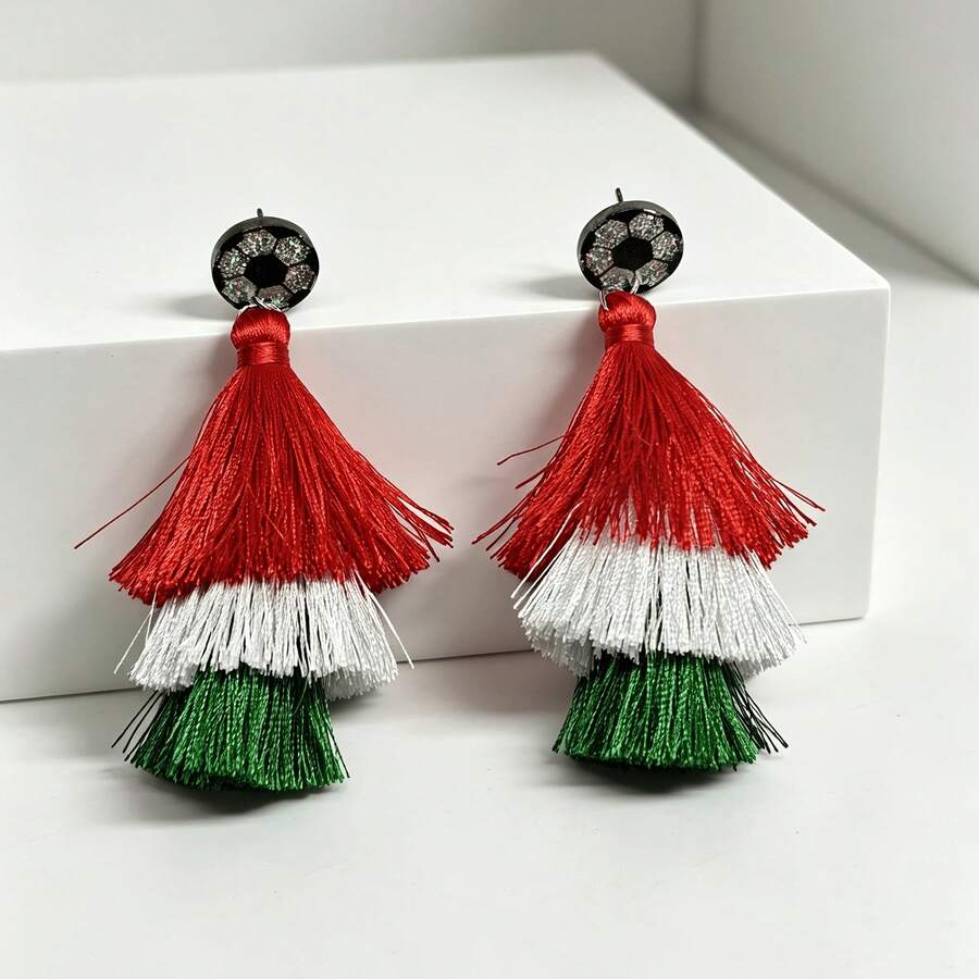 Aretes largos con borlas para mujer, simples y elegantes, moda 2026, colores de bandera nacional, ideales para porristas, festivales deportivos y eventos. - Multicolor - Ver 1