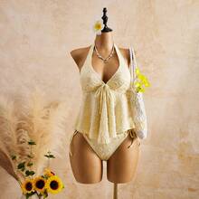 Conjunto de bikini de encaje con cuello halter y volantes para mujer: traje de baño de dos piezas favorecedor para aguas termales - Blanco - Ver 6