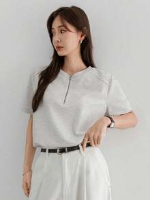 -Less Camiseta de manga corta con media abertura de unicolor y estilo minimalista para mujer, de uso casual y de negocios - Azul marino - Ver 4