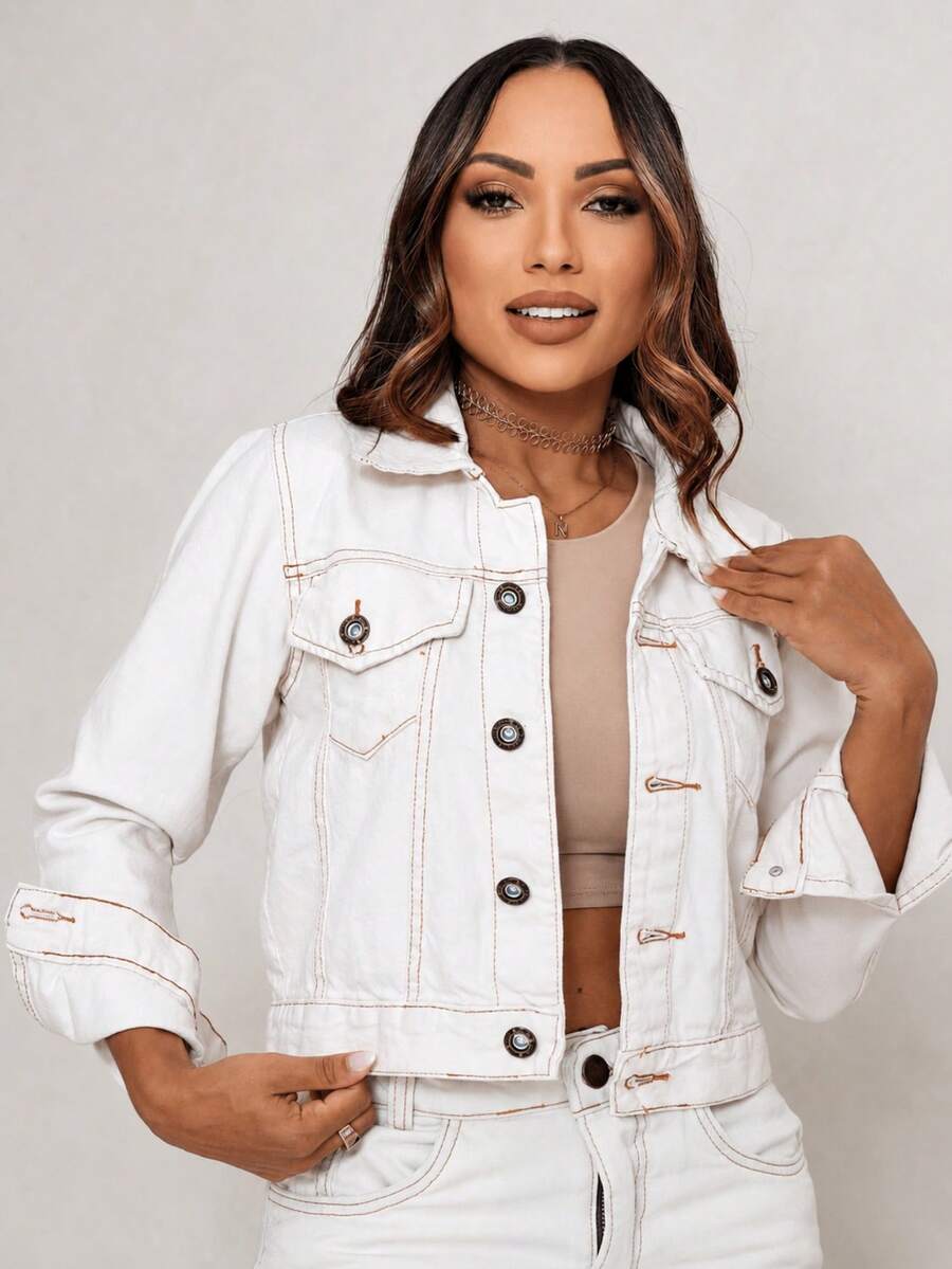 Women's Cropped Short Denim Jacket With Iron-On Button Hem - Mother's Day - Cream - View 1