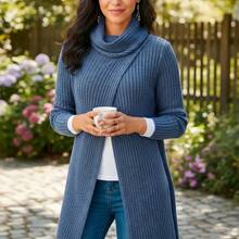 Women's Cardigans With Front Opening And Turtleneck - Comfortable And High Quality - Dusty Blue - View 3
