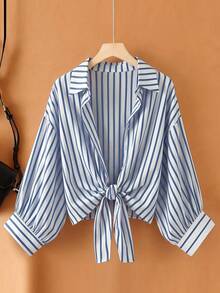 New Women's Casual Solid Color Chiffon Blouse With Short Batwing Sleeves - 藍色2 - 查看 1