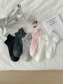 6 Pairs New Spring/Summer Fashion Solid Color Bow Embroidery Print Women's Lightweight Hollow-Out Sweat-Absorbent Random Color Elastic Short Socks, Elegant Versatile Breathable Durable - Multicolor - View 2