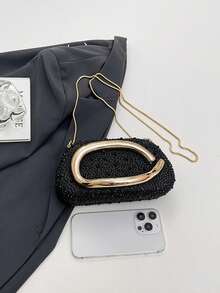 Women's Rhinestone Rounded Rectangular Evening Clutch, Curved Oval Front Handle Handbag, Fashion Crossbody Bag, Suitable For Wedding, Ball, Valentine's Day Party - Black - View 8