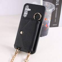 1 Piece Elegant PU Lychee Grain Leather Flip Wallet Case With Card Slots, Crossbody Strap, Ring Holder And Mirror, Compatible With S26, S25, S24, S23, S22, S21, S20 FE, Note 20 Ultra, A17, A16, A15, A07, A52, A53, A54, A25 5G, International Version, Not The Domestic Version - 黑色 - 查看 1