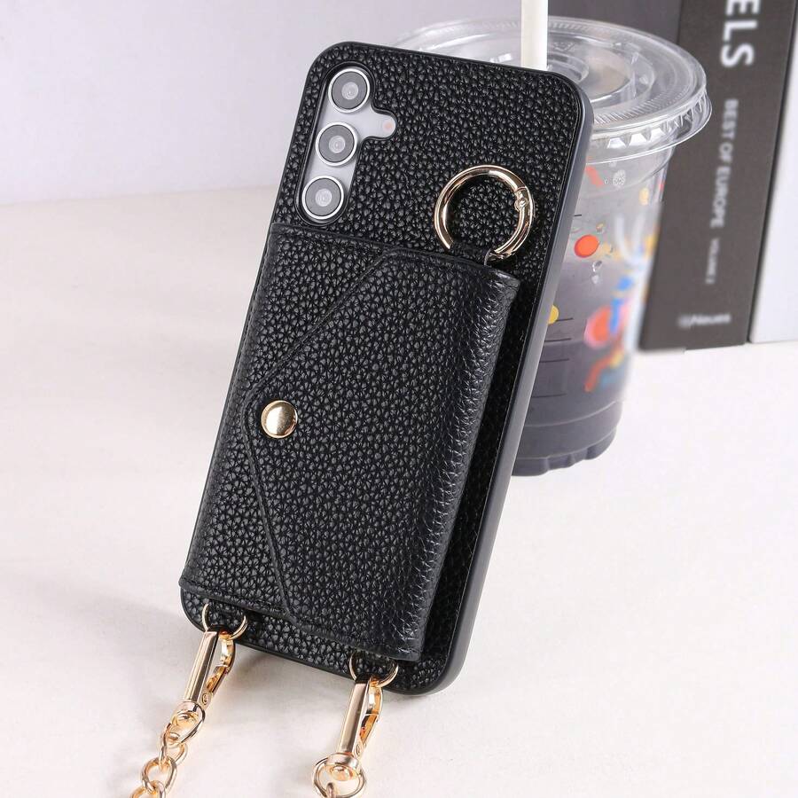 1 Piece Elegant PU Lychee Grain Leather Flip Wallet Case With Card Slots, Crossbody Strap, Ring Holder And Mirror, Compatible With S26, S25, S24, S23, S22, S21, S20 FE, Note 20 Ultra, A17, A16, A15, A07, A52, A53, A54, A25 5G, International Version, Not The Domestic Version - 黑色 - 查看 1