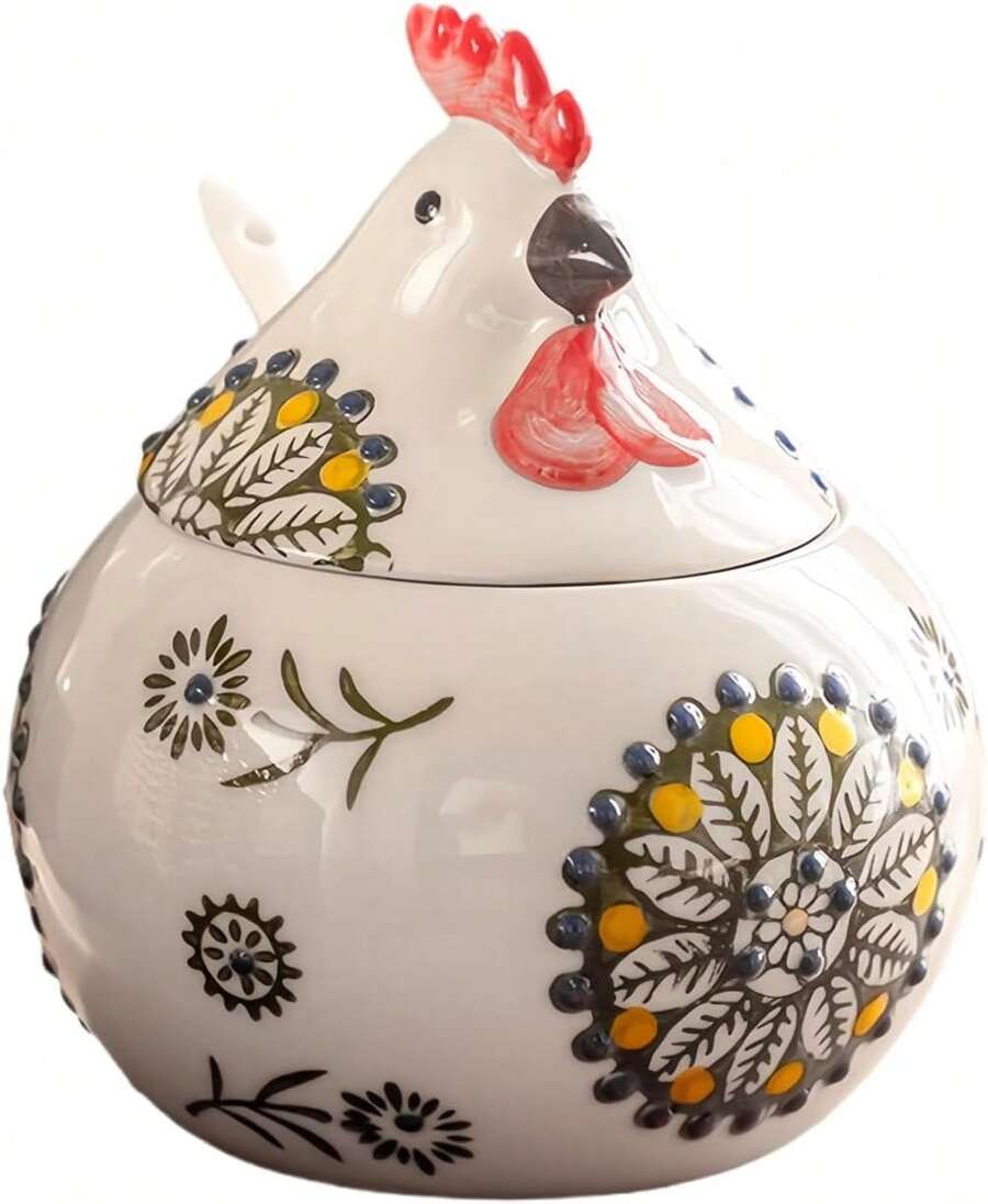 Novelty Chicken Design Ceramic Seasoning Jar 13Oz Blue Decorative Spice Container With Lid And Spoon For Kitchen Countertop Salt Sugar Coffee Storage