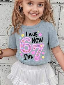Camiseta Creativa y Dulce para Niñas WML con Estampado de Dibujos Animados del Número 67 - Gris - Ver 1