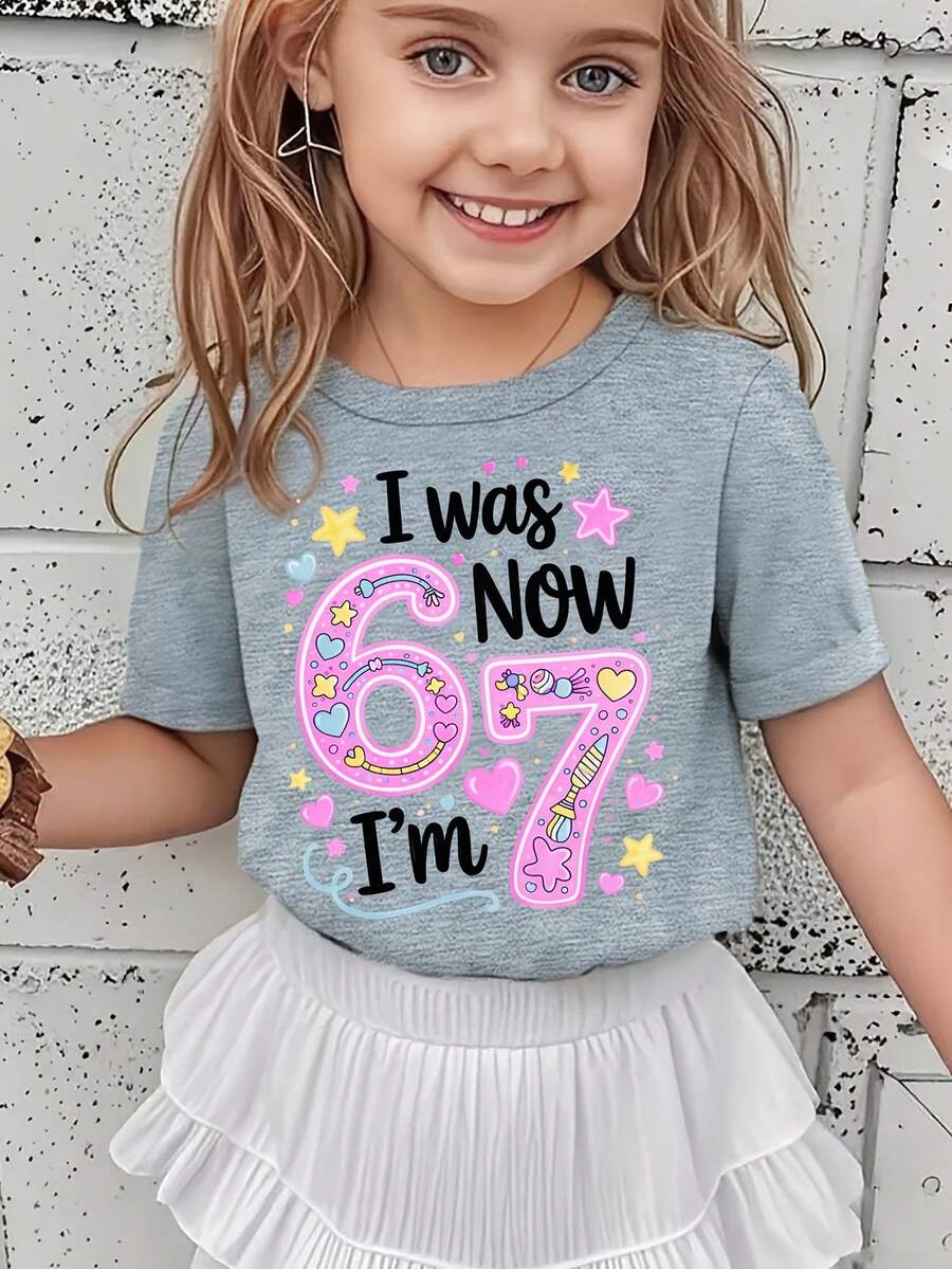 Camiseta Creativa y Dulce para Niñas WML con Estampado de Dibujos Animados del Número 67 - Gris - Ver 1
