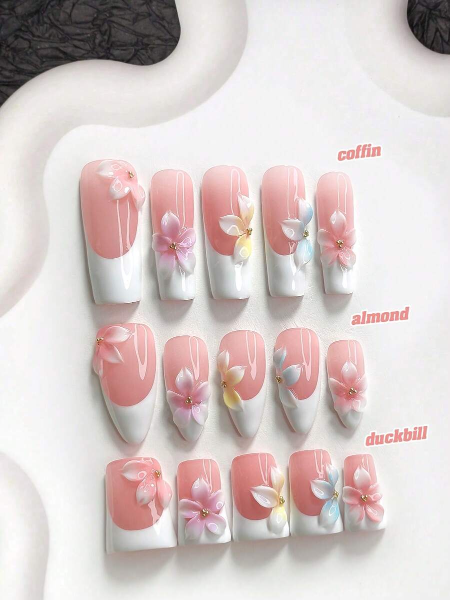 10件甜美風手工穿戴式美甲,Polygel美甲套組,五瓣花設計,粉色、黃色、藍色、白色指甲油,法式風格,含美甲工具,3種尺寸可選,杏仁形、鴨嘴形、棺材形,適合派對、跳舞、日常配戴 - 彩色 - 查看 1