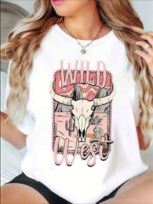 Women's Wild West Bull Skull Graphic T-Shirt, Western Casual Style, Desert Landscape Print, Short Sleeve, Casual Blouses For Ladies - 白色 - 查看 1