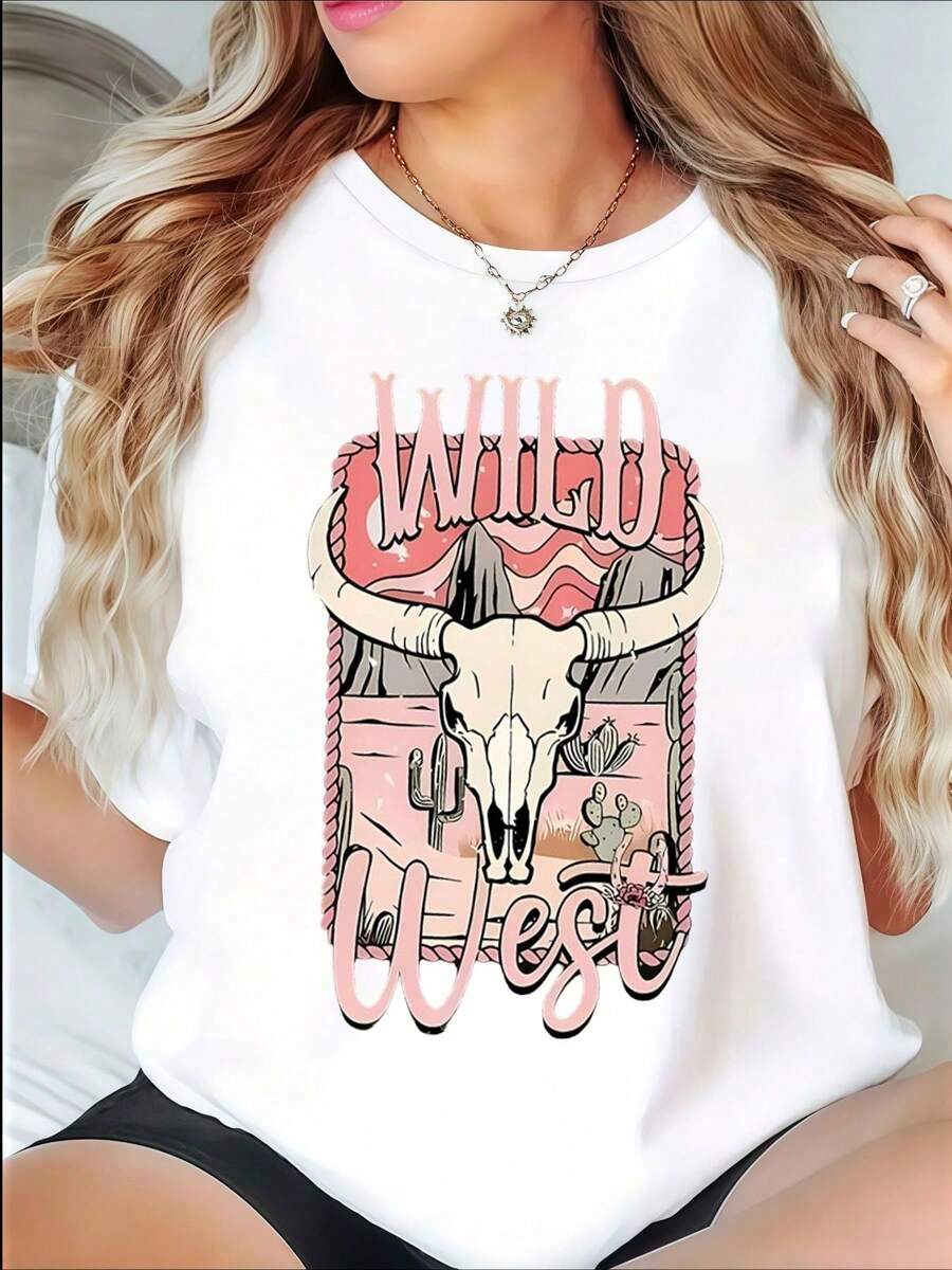 Women's Wild West Bull Skull Graphic T-Shirt, Western Casual Style, Desert Landscape Print, Short Sleeve, Casual Blouses For Ladies - 白色 - 查看 1