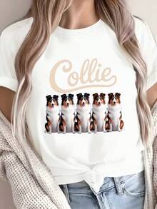 Camiseta de algodón puro con estampado de retrato de perro Collie, color sólido, cómoda y suave para mujer. - Blanco - Ver 1