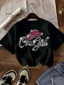 Children's T-Shirt, 100% Cotton, New Year's Gift, Christmas Gift, [Girls' Sparkly T-Shirt, Rhinestone Girls' Denim T-Shirt - Black With Red & White Glitter Design, Elastic Red - 黑色 - 查看 1