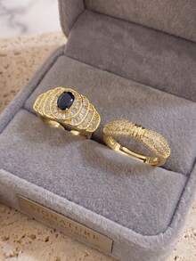 Conjunto de Anéis Empilháveis Banhados a Ouro 18K com Safira e Zircônia Pavê, Anel Aberto Ajustável Resistente ao Desbotamento, Joias Elegantes Femininas, Adequado para Uso Diário, Casamento e Ocasiões de Festa - Multicolor E - Visão 2