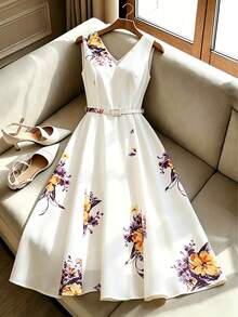 Vuslat Women's Summer White Base Yellow-Purple Gradient Floral Sleeveless V-Neck Belted Waist Flared Midi Dress, Cream White Base Scattered Watercolor Yellow-Purple Large Rose Floral Print Pattern, Smooth Drape Texture, Suitable For Independence Day, Lakeside Boat Trip, Island Vacation, Garden Afternoon Tea, Small Town Street Photography, Light Party Date Outfit, Holiday Wear - Multicolor - View 3