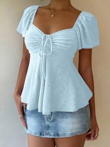 Women's T-Shirt, Modern And Elegant, New For Spring/Summer, Y2K Style, Solid Color, Jacquard, Comfortable And Breathable, With V-Neck, Adjustable Drawstring And Short Sleeves - 藍色 - 查看 10