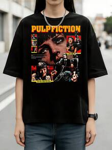 T-shirt grafica vintage da donna, stampa collage di più personaggi del cartellone vintage del film Pulp Fiction, maglietta in cotone, regalo classico per fan di film cult, stile casual da strada - nero - Visualizzare 1