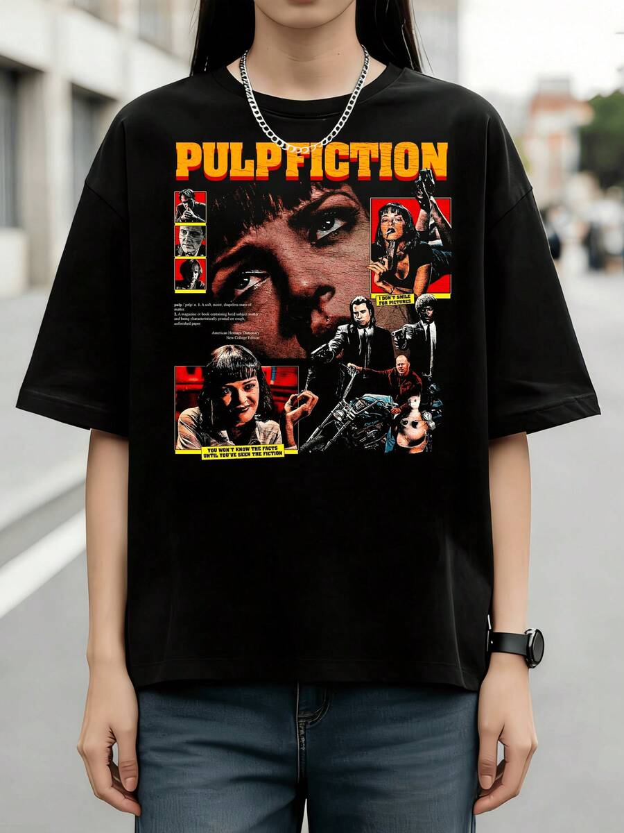 T-shirt grafica vintage da donna, stampa collage di più personaggi del cartellone vintage del film Pulp Fiction, maglietta in cotone, regalo classico per fan di film cult, stile casual da strada - nero - Visualizzare 1