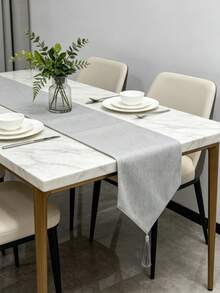 Camino de mesa minimalista de color gris puro con textura y ribete de borlas, tela decorativa de estilo moderno neutro para mesa de comedor, adecuada para todas las estaciones, aplicable a mesa de comedor, mesa de café, consola de entrada, tocador y entrada - Ceniza - Ver 5