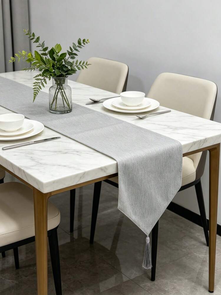 Minimalist Solid Grey Textured Table Runner With Tassel Trim, Modern Neutral Table Decor Scarf, All Season Versatile Table Runner For Dining Table Coffee Table Console Dresser Entryway - Ash - View 5