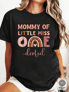 Mamá bohemia, estampado gráfico de celebración del primer cumpleaños de la princesita, camiseta casual de manga corta y cuello redondo para verano y primavera, ropa de mujer - Negro - Ver 2