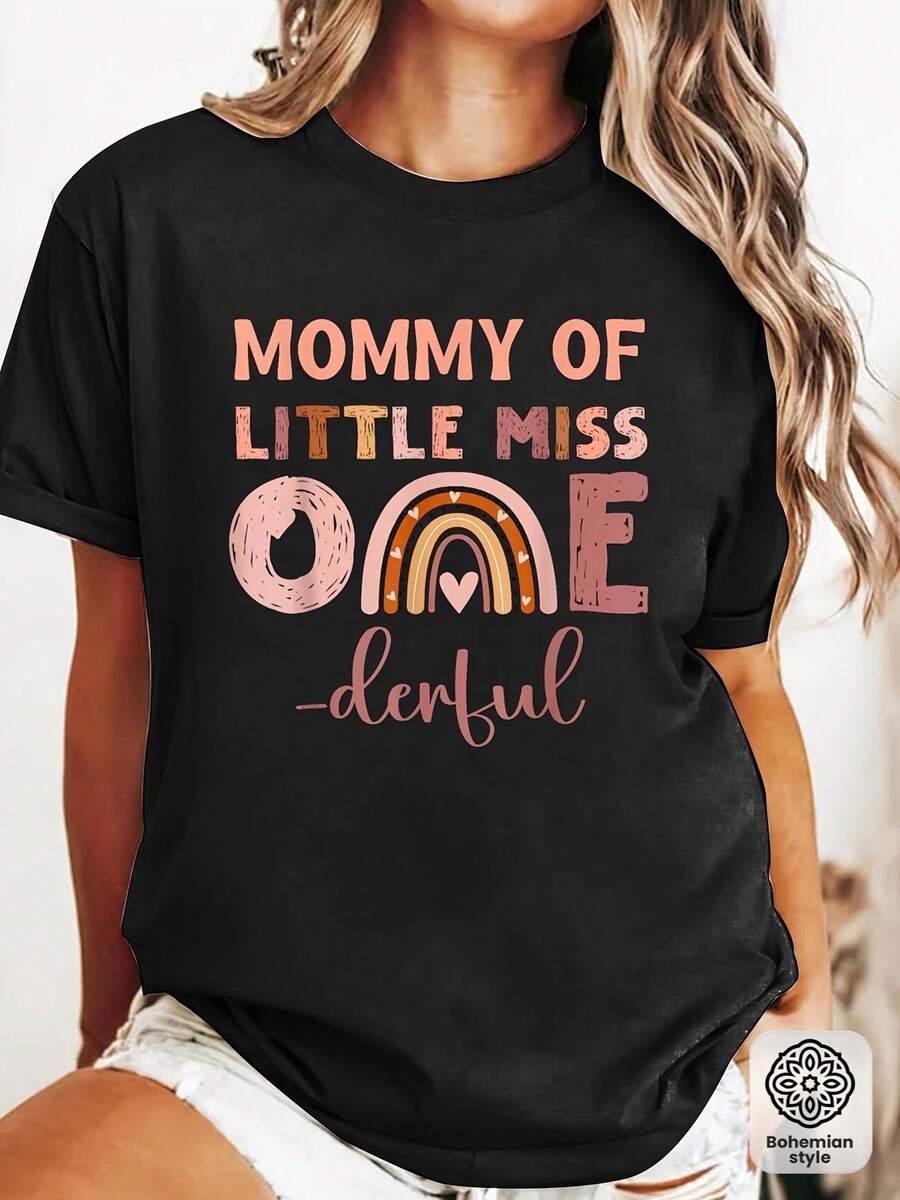 Mamá bohemia, estampado gráfico de celebración del primer cumpleaños de la princesita, camiseta casual de manga corta y cuello redondo para verano y primavera, ropa de mujer