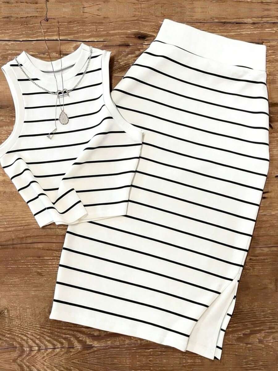 UREREM Women's Striped Contrast Color Casual Elegant Party Ribbed Slit Beach Vest And Skirt 2-Piece Set Summer - Black and White - View 1