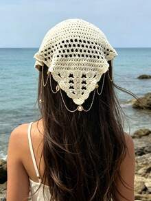 1pc French Minimalist Triangle Headscarf Hair Accessory For Beach Photography, Sweet And Cute Girl Hairband With Ocean Shell And Faux Pearl Cute Pattern Pendant Decoration, Suitable For Summer Beach Travel Vacation Hair Styling Versatile Accessory - Multicolor - View 1