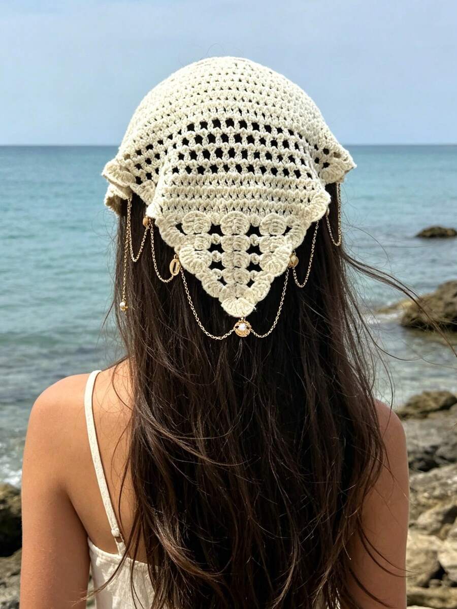 1pc French Minimalist Triangle Headscarf Hair Accessory For Beach Photography, Sweet And Cute Girl Hairband With Ocean Shell And Faux Pearl Cute Pattern Pendant Decoration, Suitable For Summer Beach Travel Vacation Hair Styling Versatile Accessory - Multicolor - View 1