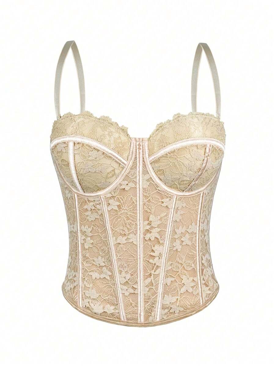 Women's Floral Lace Corset Camisole Top, Elegant And Sexy For Vacation And Casual Summer Wear, Black - 杏色 - 查看 1
