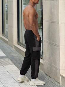 Men's Colorblock Patchwork Cargo Jogger Sweatpants With Drawstring Waist, Multi-Pockets, High Street Casual Sports Long Pants - Black - View 6