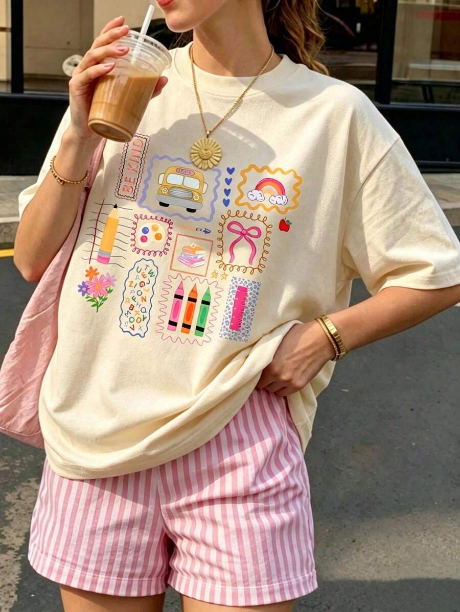 Y2K女款可愛圖案T恤,風彩色蠟筆與彩虹印花短袖上衣,甜美休閒學院風夏季襯衫,美學風格 - 杏色 - 查看 1