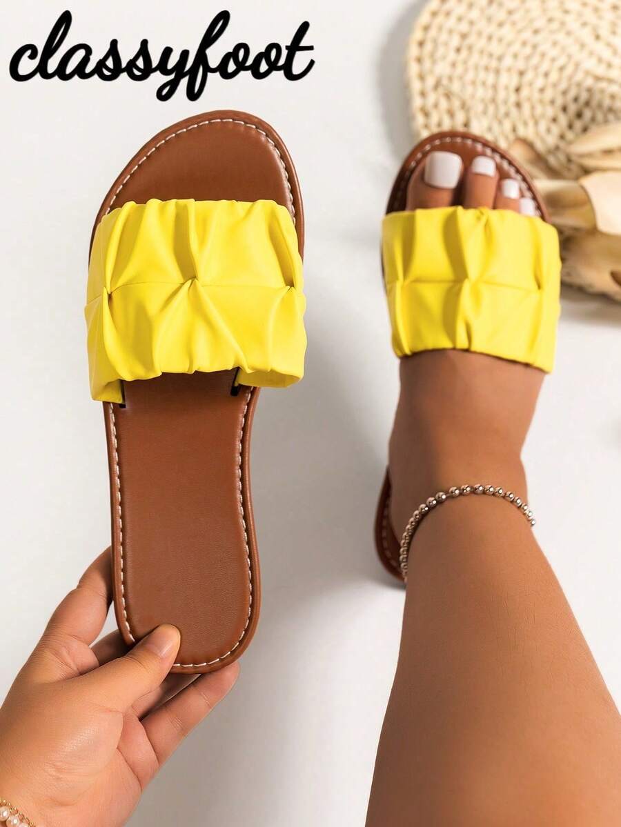 Dép xỏ ngón đế bằng mũi vuông thời trang cho nữ dáng rộng, phong cách nghỉ mát mùa hè bằng da PU màu vàng