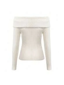 Korean Style Square Neck Faux Fur Collar Long Sleeve Knit Sweater Women Spring Slimming Fitted Base Layer Top - White - View 7