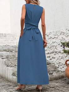 Sleeveless Casual Dress With Back Tie. Solid Color, Cool And Versatile. - Blue - View 2