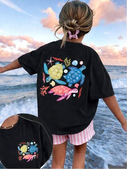 1pc Girls Light Blue Funny Turtle Print Short Sleeve T-Shirt, Children's Ocean Creature Theme Casual Top, Marine Animal Line Pattern, Round Neck Loose Fit, Soft Skin-Friendly Breathable Fabric, Beach Vacation Daily Versatile Style, Random 3 Piece, Send 1 Piece