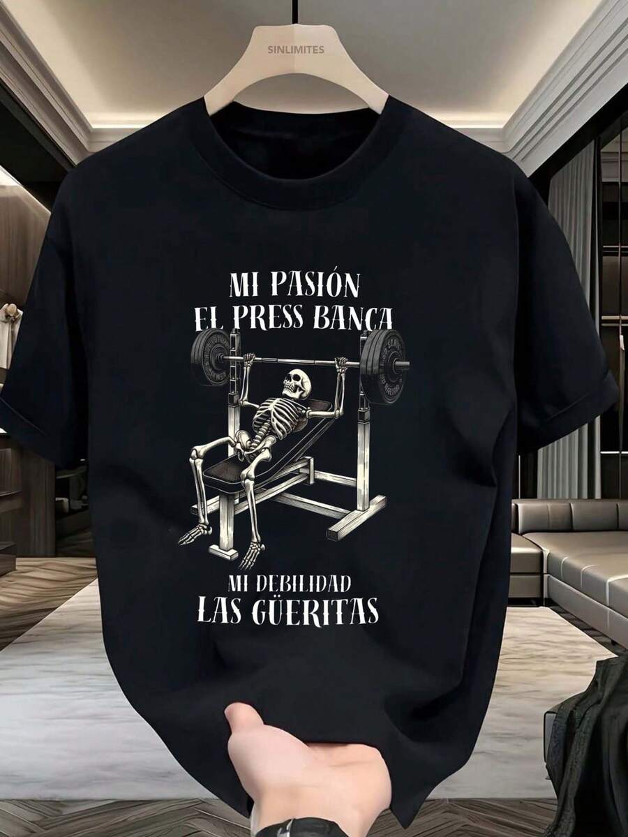 Camiseta casual de cuello redondo para hombre, camiseta con gráfico de esqueleto de gimnasio - Perfecta para entusiastas del fitness, excelente regalo para amantes del gimnasio, verano, lige - Multicolor - Ver 1