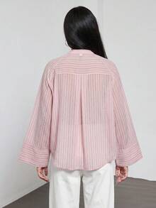 Se-Helo Women's Comfortable Casual Daily Commute Minimalist Elegant Loose Striped Shirt With Pocket Detail, Spring/Summer Pink - Pink - View 4