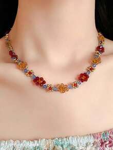 1pc Fashion Elegant Bohemian Style Geometric Beaded Flower Necklace, Suitable For Women's Daily Wear And Party, Daily Gift - Multicolor - View 4