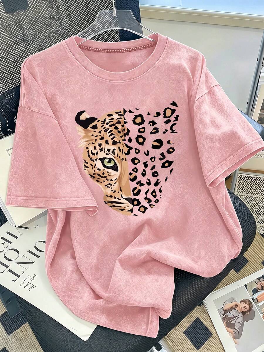 1pc Tween Girl Casual Top, Vintage Distressed Washed Texture Leopard Half Face & Leopard Print Patchwork Crew Neck Top, American Street Style Cool Animal Graphic Design, Versatile Everyday Streetwear - Pink - View 1