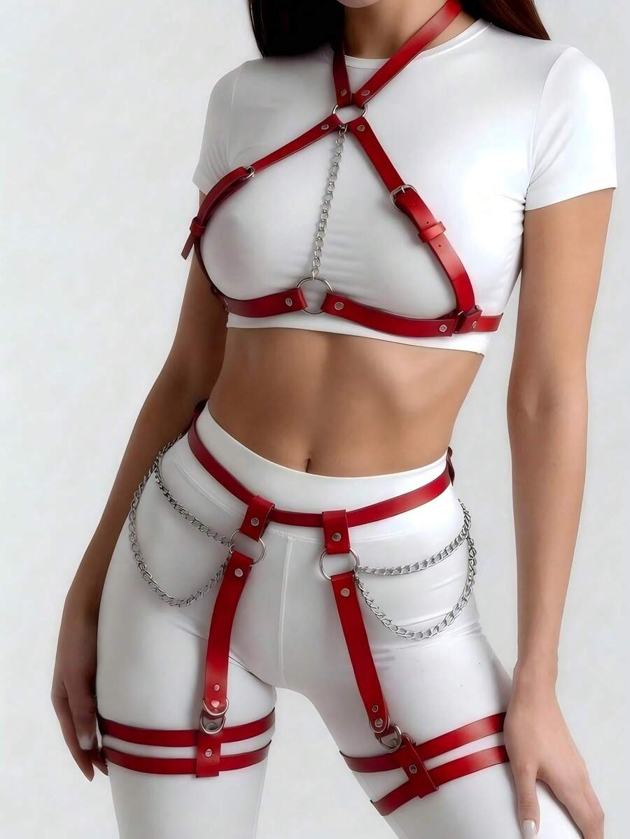 1 Set Women's Punk Style Red Sexy Bondage Body Harness With Leg Straps And Garter Belt, Suitable For Club, Party, Personalized Outfit Or Carnival - Red - View 1